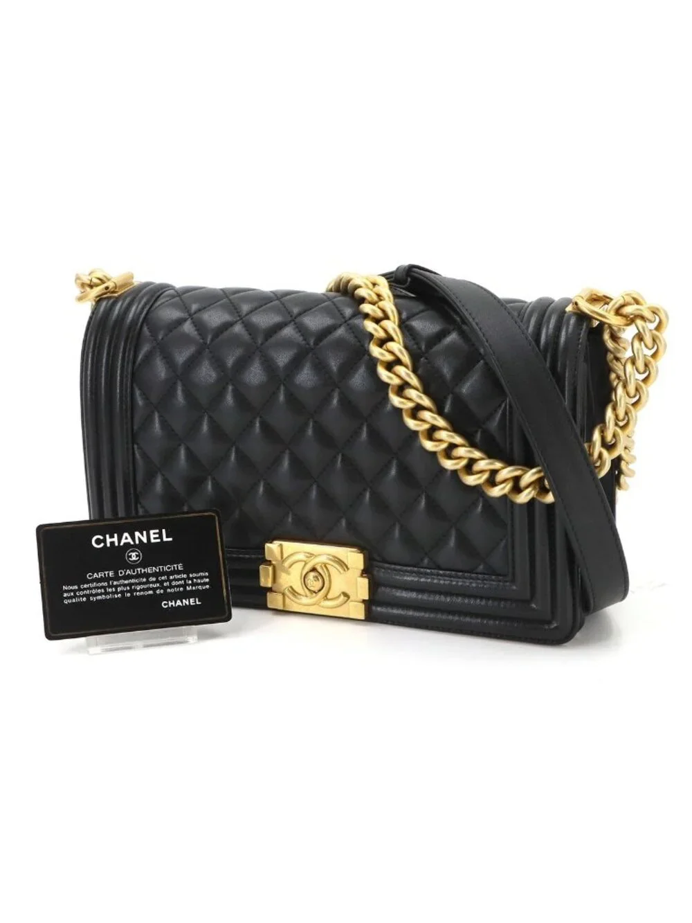Chanel Boy Chain Shoulder Bag Lambskin Black Gold